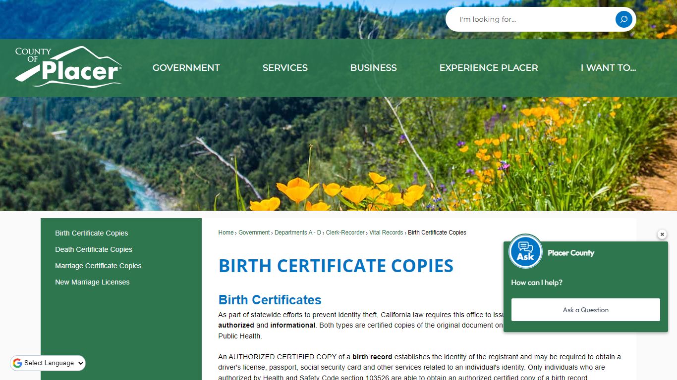 Birth Certificate COPIES | Placer County, CA